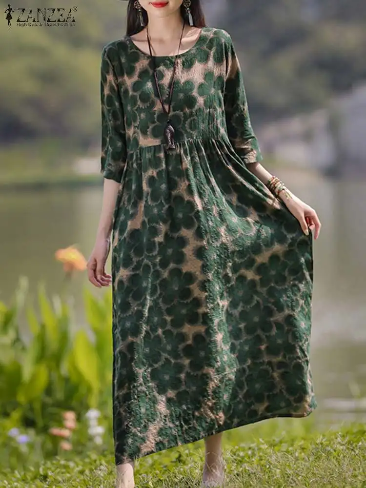 Frauen Blumen gedruckt lose lässig Midi-Kleid Zanzea Vintage Sommerkleid Herbst o Hals Ärmel böhmischen Vestido Robe Femme