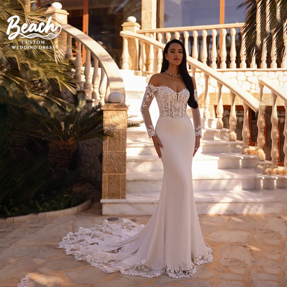 

Beach Mermaid Long Sleeves Sweetheart Open Back Lace Floor Wedding Dress 2025 Simple Elegant Satin Vestido De Novia Customized
