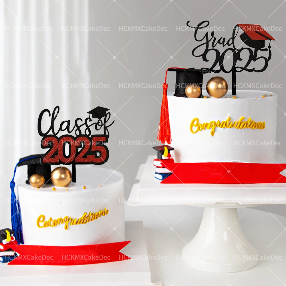 Red Black Acrylic Cake Topper Congratulate 2025 Graduation Season Cake Topper for Graduation Ceremony Cake Dessert Decoration