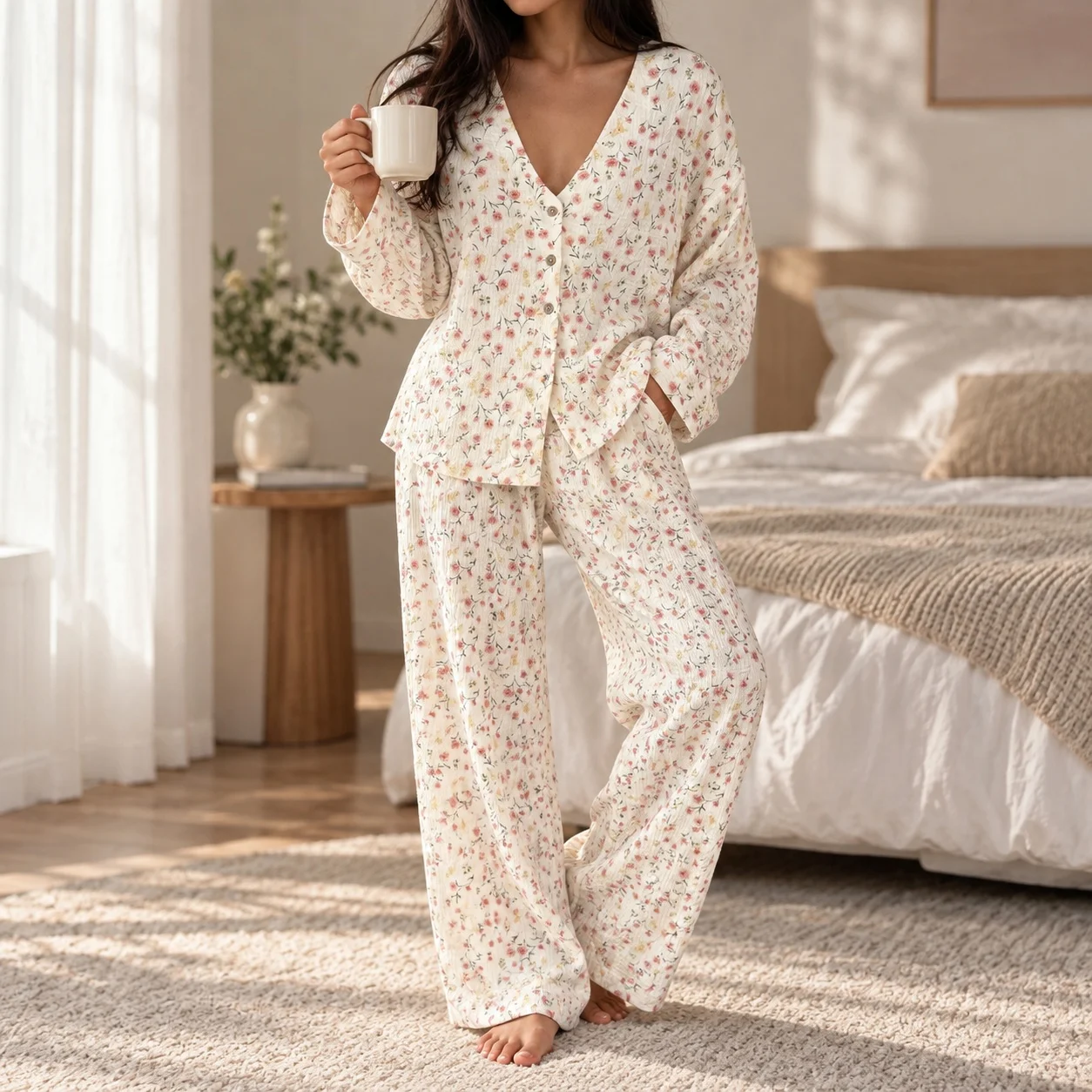 V Neck Printed Set Full Length European and American Style with Printed Pattern Spring Summer Four Seasons Hotel Bath for Women