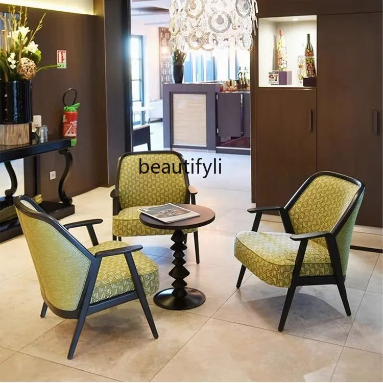 

New Chinese Style Retro Solid Wood Woven Rattan Sofa Homestay Club Rattan Backrest Leisure Chair Designer Armrest Single Chair