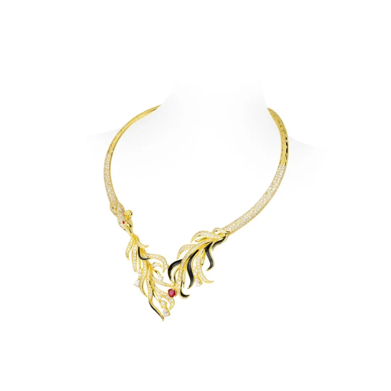 BELLUX Torques Necklace 925 Silver Synthetic Zircon Phoenix Gold White Full Diamond Feather Luxury Original Design Necklace