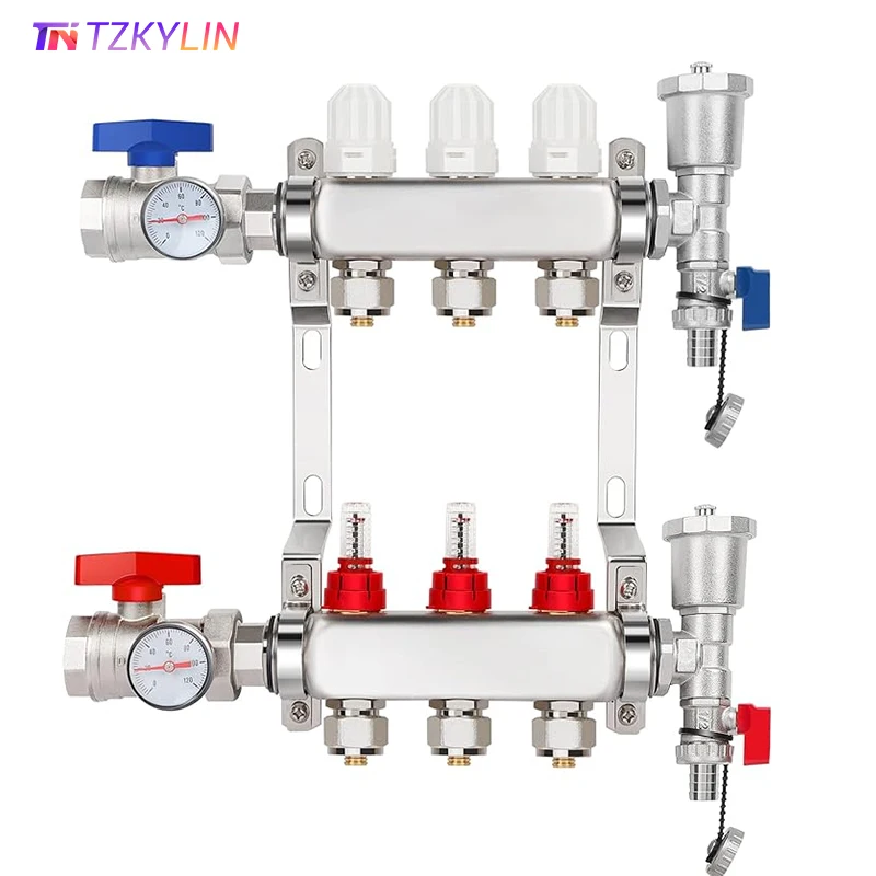 

Radiant Floor Heating Manifold, S304 Stainless Steel, 1/2" PEX Pipe Adapters with Flowmeters for Hydronic Radiant Floor Heating
