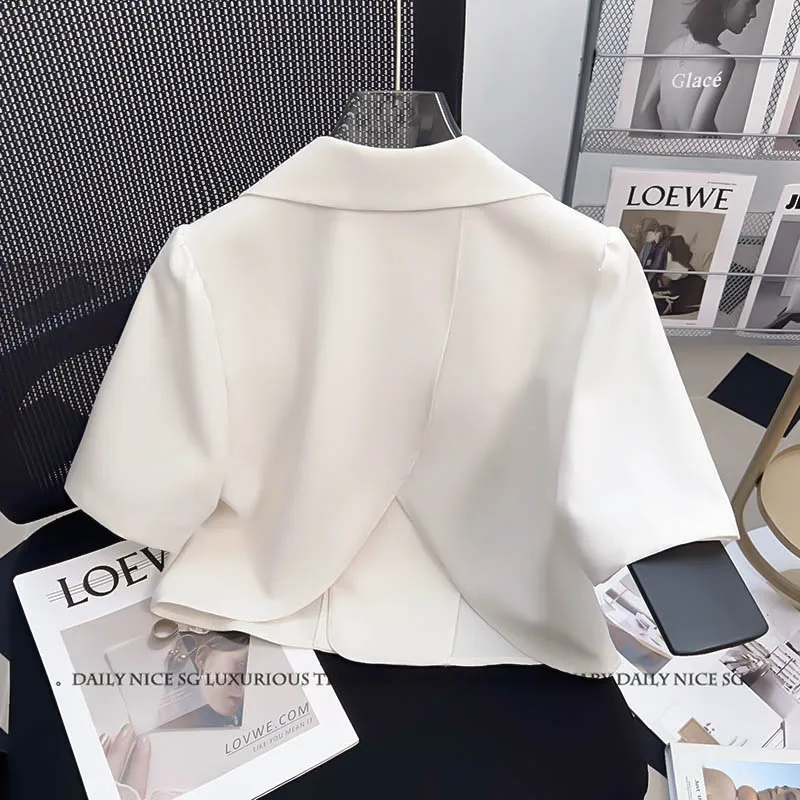 

Slimming Elegance Versatile White Short-Sleeved European American Style Simple Double-Breasted Tweed Satin Round Leisure Women