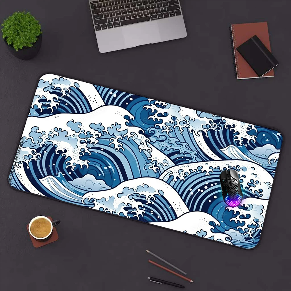 Great Wave Mouse Pad Japanese Style Blue Xxxl Deskpad Gamer Room Accessories 1200x600 Mousepepad Keyboard Support Gaming Mats