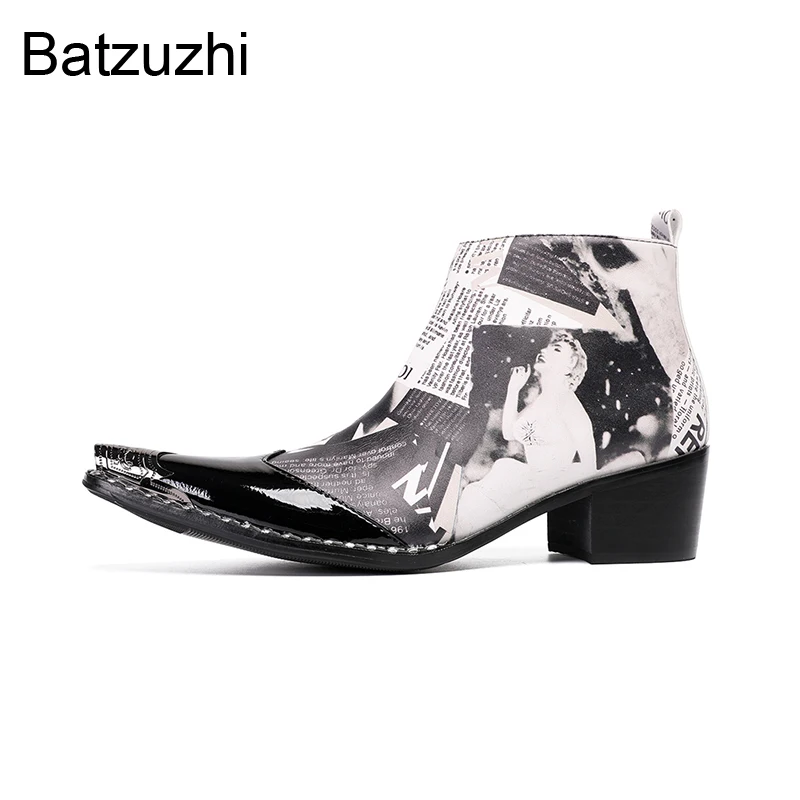 Batzuzhi Korean Style Men's Boots Pointed Toe Zip Leather Ankle Boots for Man Business/Party/Wedding Boots Man 6cm Heels