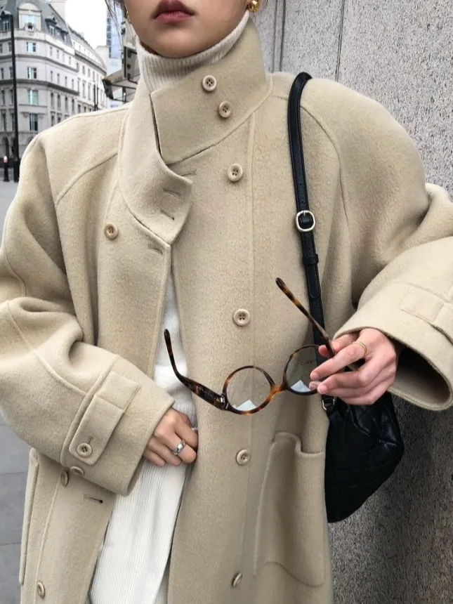 

Ele Long Double-Breasted Woolen Coat Stand Collar Autumn Winter High-End Briti Sle Faionable Outerwear