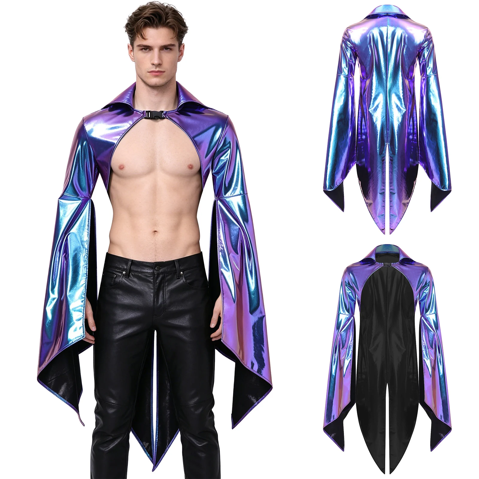 Mens Metallic Shiny Gothic Cloak Jacket Stand Collar Long Sleeve Flared Cuffs Front Buckle Tailcoat Punk Outerwear for Clubwear
