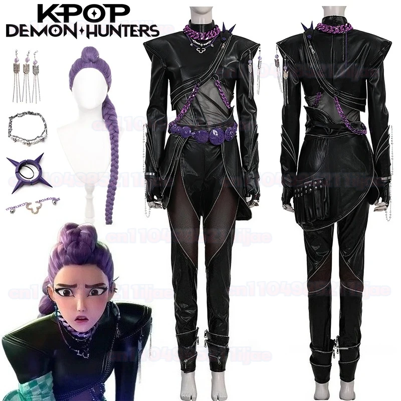 

Anime Movie Demon Hunters Rumi Cosplay Costuem Wig Black Outfit Uniform Headwear Full Set For Women Girls Kpop Huntrix Halloween