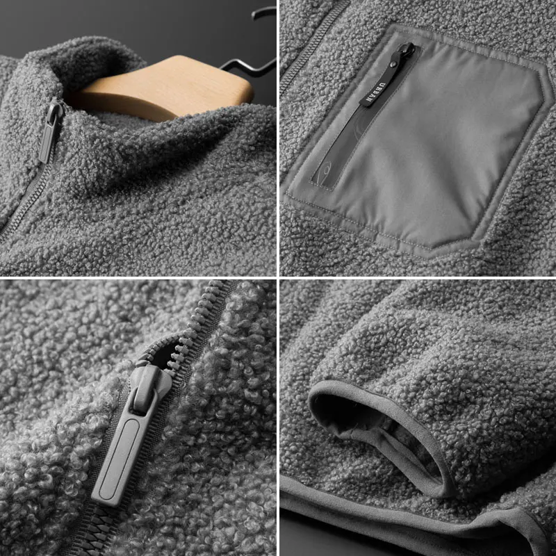 Winter Sports Fleece Jacket Men's Casual Stand Collar Zipper Pocket Warm Polar Jacket Male Outdoor Comfortable Cold-proof Coat