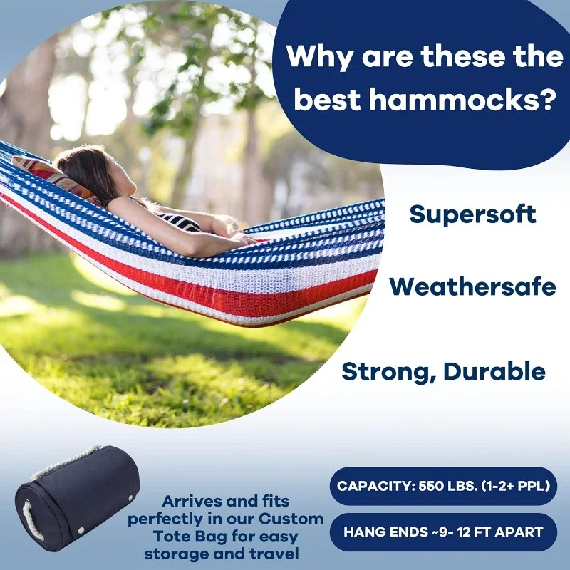 

Handwoven Hammock - Family Size, Fits 2+ PPL, 550lb max - Weathersafe, Super Strong, Easy to Hang, Ultra Soft, Artisan Mad