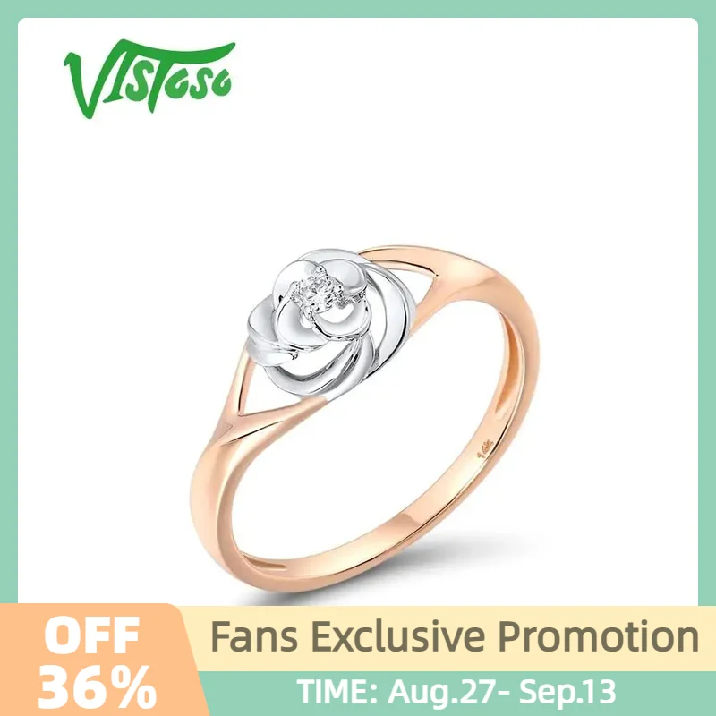 VISTOSO Pure 14K 585 Two-Tone Gold Ring For Women Sparkling Diamond Elegant Flower Anniversary Wedding Trendy Gift Fine Jewelry