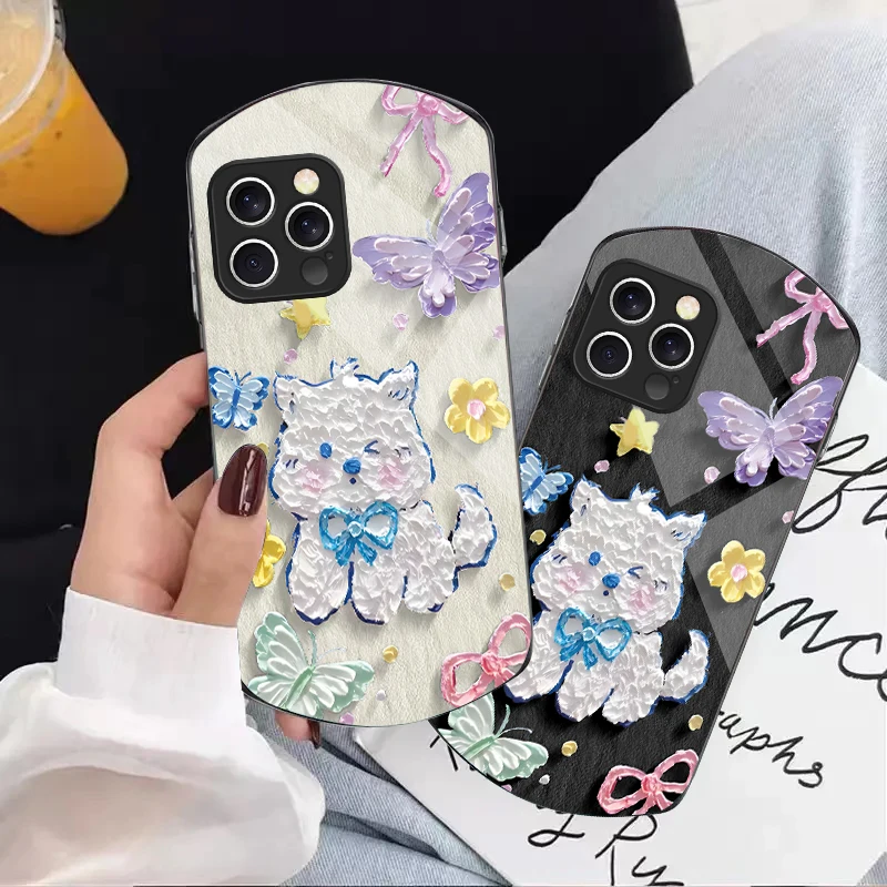 

Oil painting cute cat For Iphone 11 12 13 14 15 16 Pro Max Plus Mini 7 8 Se 2020 X Xs Xr Elliptical Tempered Glass Phone Case