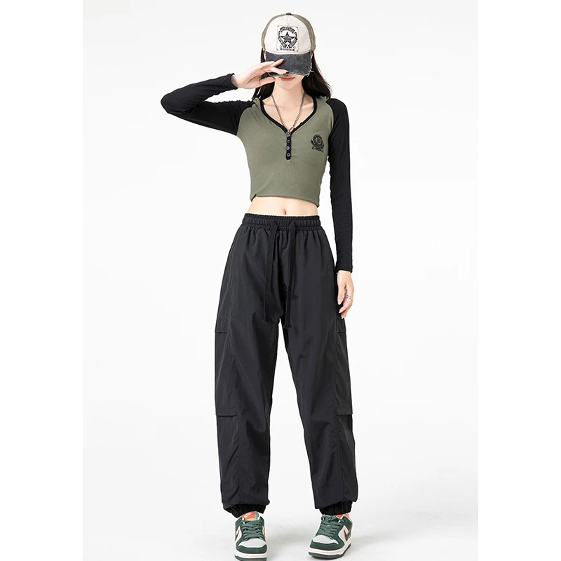 

Korean Women Long Cargo Pants Autumn Elastic Waist Pocket Baggy Straight Loose Pants Y2k Casual Joggers Women Hiking Trousers