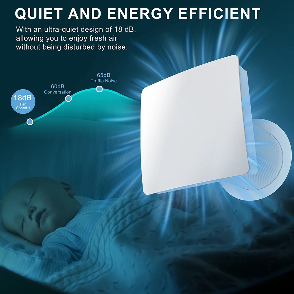 KCvents VT501F-WF Wall Ventilator Fan HEPA/Carbon Filter 3-Speed WiFi Bluetooth Mosquito Proof Quiet Sleep Mode Fresh Air System