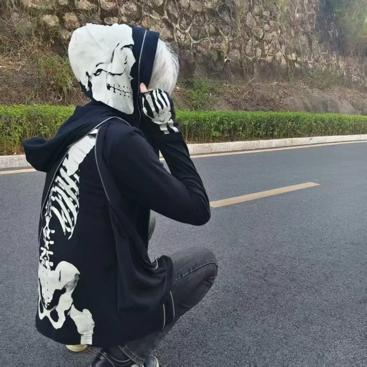 Glow In The Dark Skeleton Graphic Hooded Coat Dark Style Multi Zipper Front Long Sleeve Slim Spring Autumn Daily Street Jacket