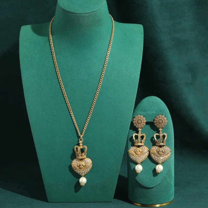 Vintage Crown Angel Heart Shape Pearl Jewelry Sets For Woman 18k Gold Color High Quality Luxury Elegant Exquisite Daily Gift