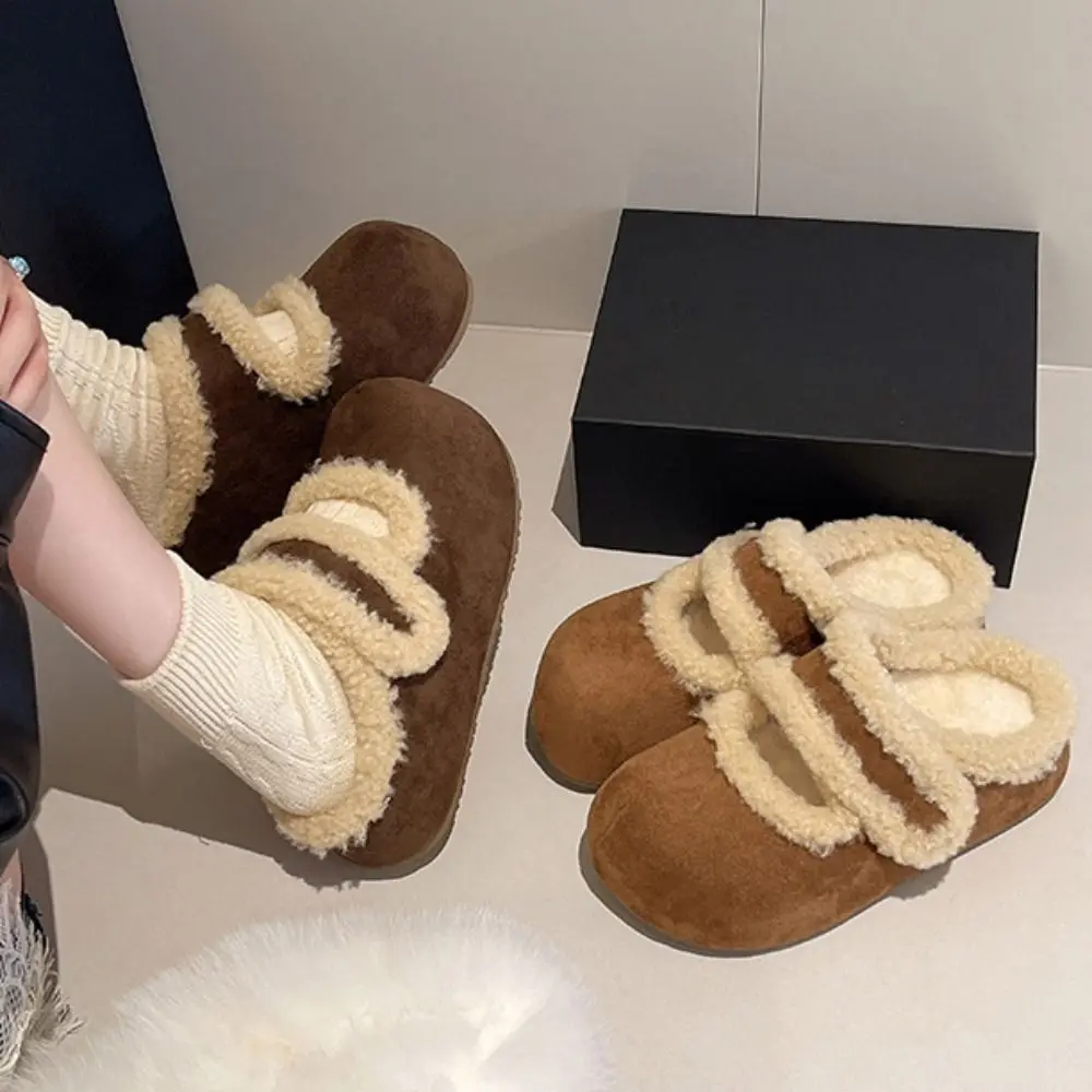 

Fashion Round Head Suede Warm Slippers Anti-slip Casual Plush Slippers Women Thick Bottom Soft Coral Fleece Slippers Home