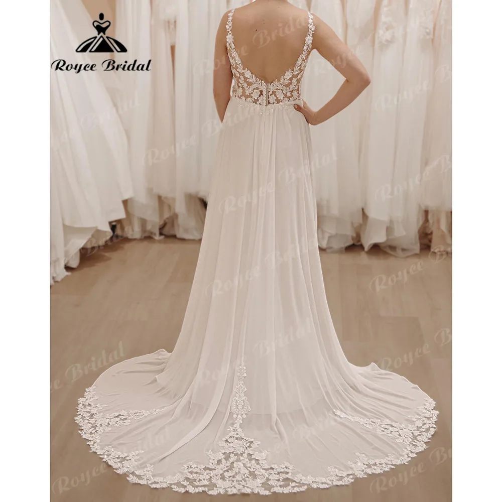 hochzeitskleid Plunging Boho Deep V Neck Lace Floral Backless Chiffon Wedding Dress Robe Mariee A Line Bridal Gown Roycebridal