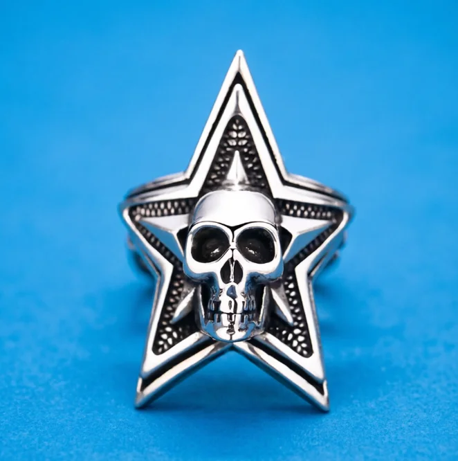 Pure silver skull ring with five pointed star adjustable ring for men and women, Thai silver retro fashion jewelry