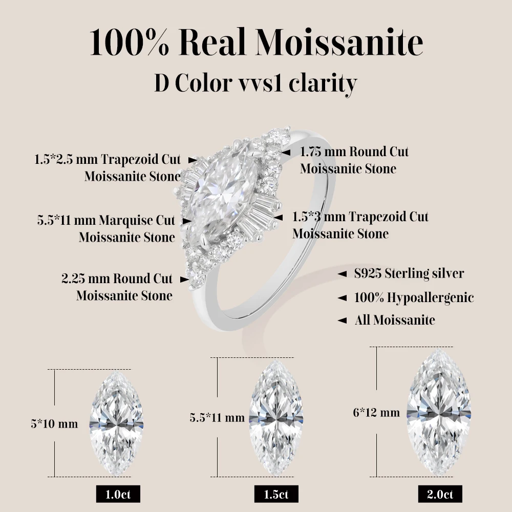 MINTYBOX Vintage Marquise Cut D VVS1 Moissanite Rings for Women 925 Sterling Silver Promise Engagement Jewelry Anniversary Gifts
