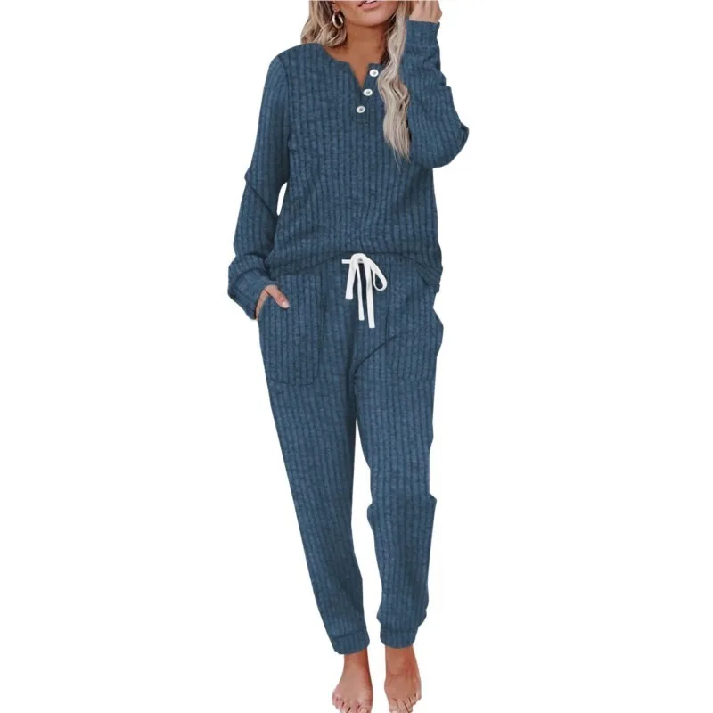 Casa casual feminino 2 peça conjunto 2025 outono inverno malhas calças terno pijamas com nervuras conjunto homewear loungewear outfits