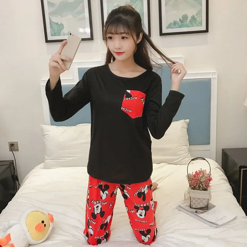 Disney Mickey Minnie Women Pajamas Set Cute Cartoon Printing Casual Sleepwear Two-pieces Long Sleeve Pant Loose Female Homewear