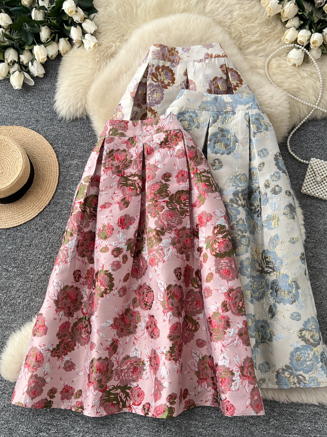Retro Court Style A-Line Midi Skirt Women's High Waist Slim Fit Puffy Half-length Skirt Commute Korean Style Polyester Fiber