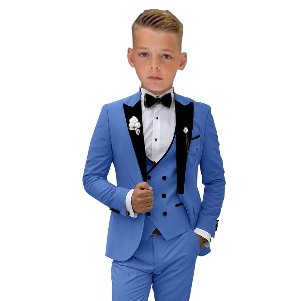 

New Arrival Blue Velvet Collar Boys Suits School Activities Outfit Smart Peak Lapel Kids Suit Set Wedding Ring Bearer Outfit