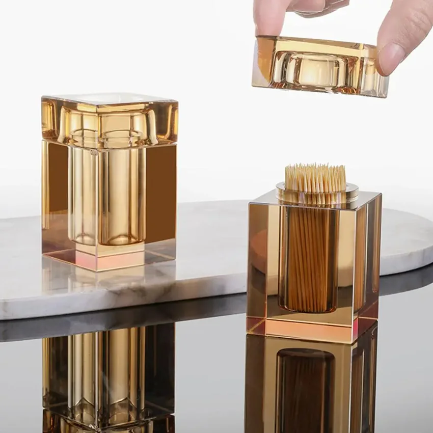 Toothpick Box Luxury Crystal Glass Barrel Home Dining Table Hotel Cotton Swab Dental Floss Storage Box Jar Clear Glass Container