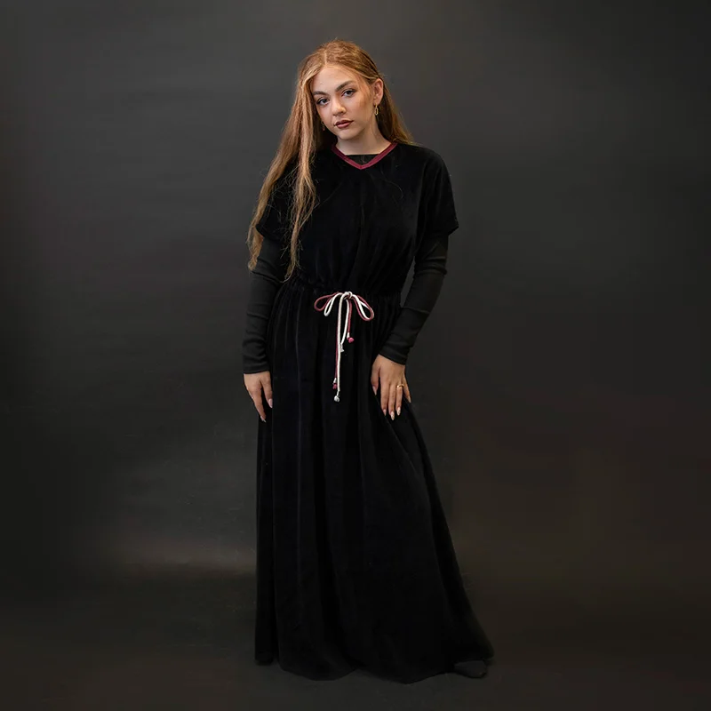 Shabbos Teen/Woman Dress Winter Robe Short Sleeves Clothing Waist 2 Cord Strings Girls Black Velour Dress Sizes XS-XXXL