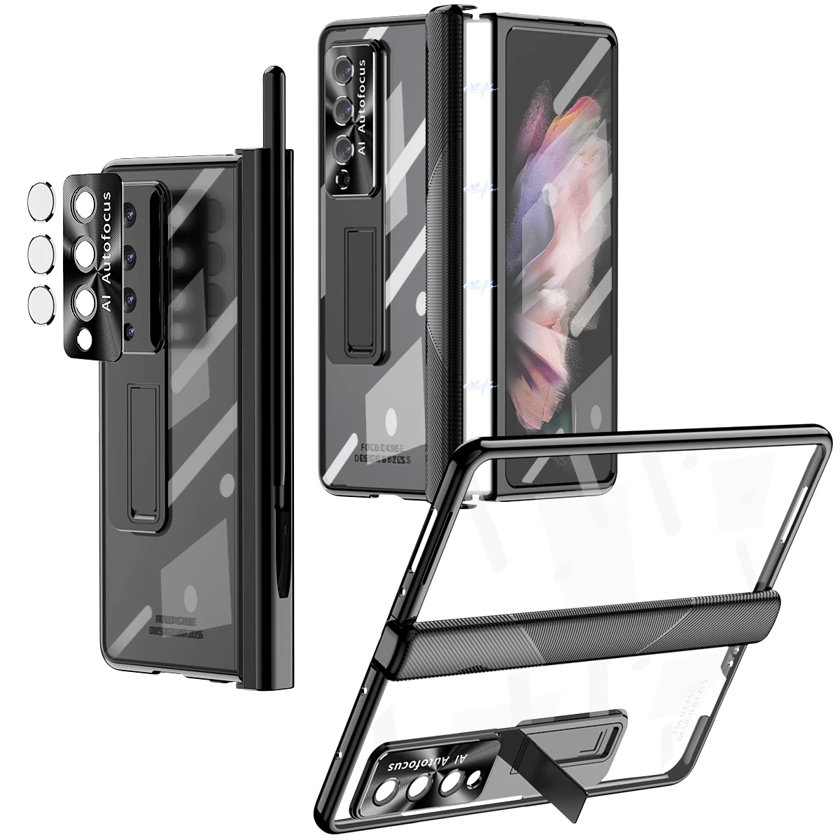 

S Pencil Magnetic Adsorption Hinge Case for Samsung Galaxy Z Fold 5 4 3 Electroplated Transparent Hard Cover Glass Protection