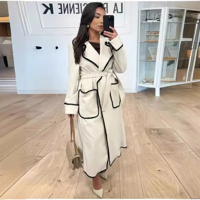 Woolen Coat Women Belted Lapel 2026 Autumn Winter Long Contrast Trim Solid Color Loose Warm Elegant Outerwear Overcoat
