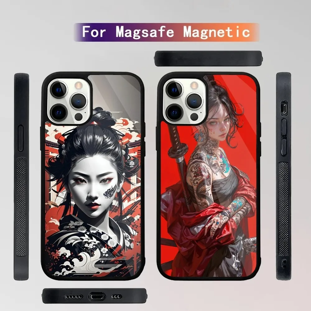 Samurai Warrior Geisha Phone Case For iPhone 15,14,13,12,11,Plus,Pro,Max Mini Magsafe Magnetic Wireless Charging