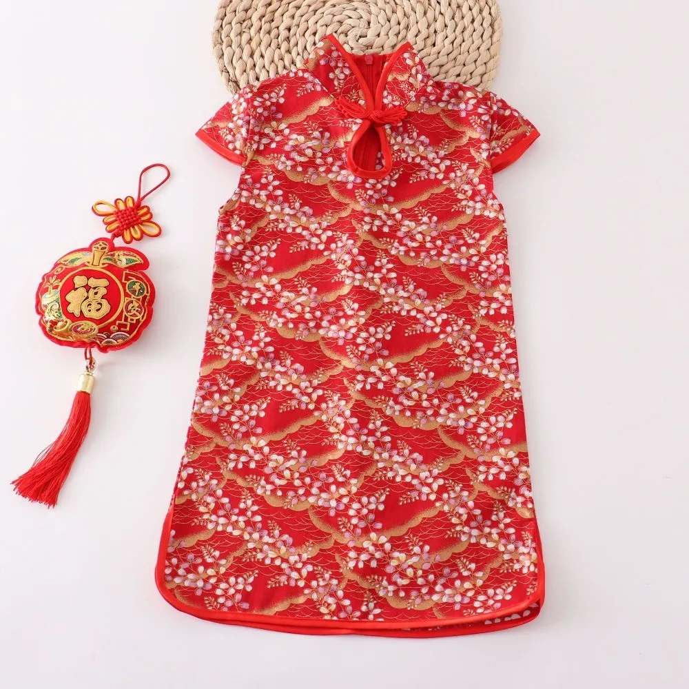 Bear Leader Chinese Style New Years Red Dress Summer Phoenix Animal Flower Print Girls Cheongsam Christmas Kids Clothes