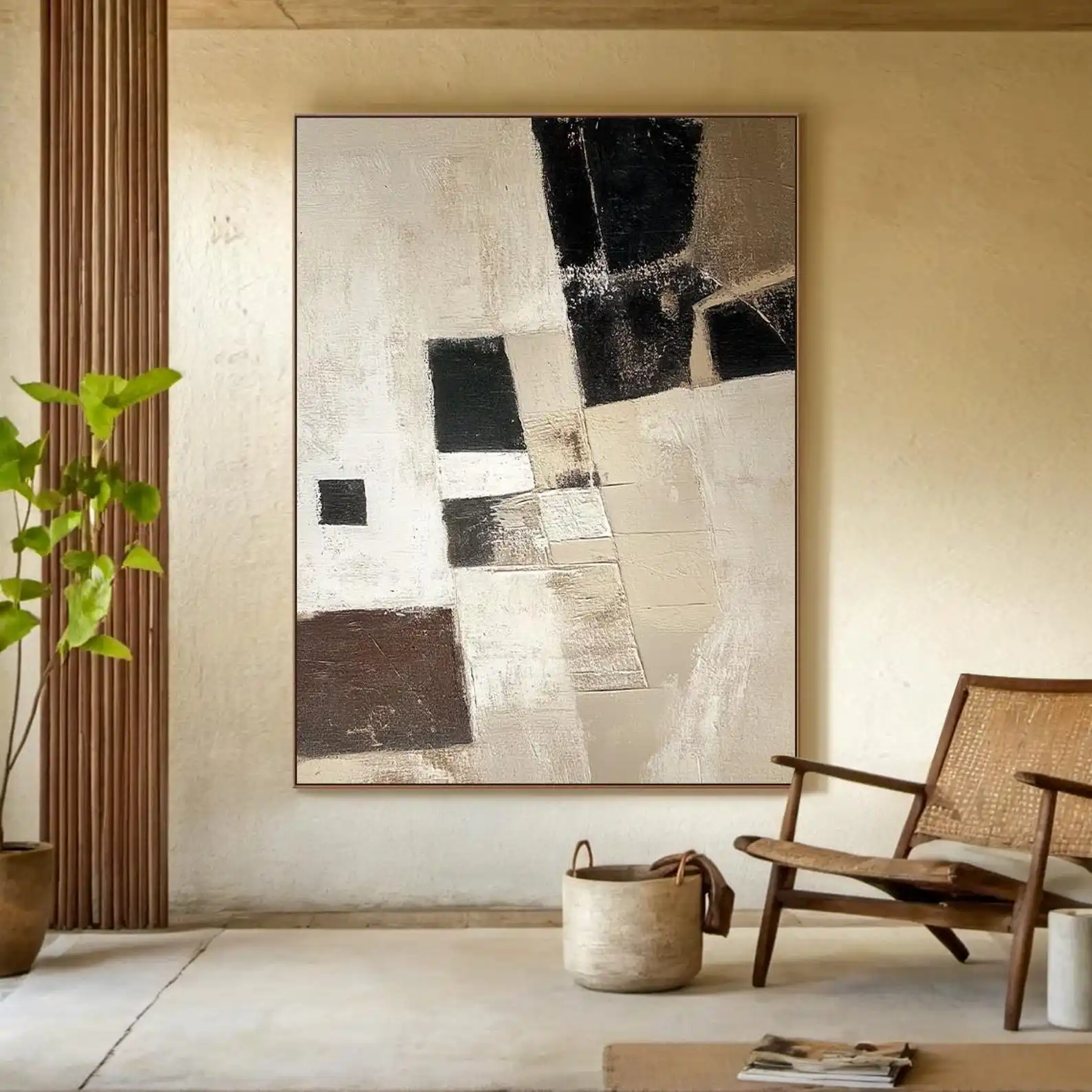 Mhemyo Neutral Textured Abstract Hand Painted Oil Painting Beige Black Brown Canvas Wall Art for Contemporary Living Room Decor
