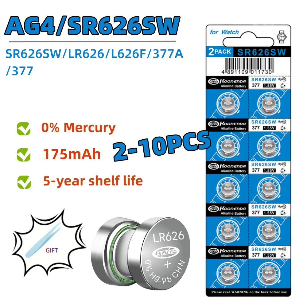 2PCS-10PCS 1.55V AG4 Button Batteries 377 SR626 SR626SW Cell Coin Alkaline Battery 177 376 626A LR66 LR626 For Watch Toys Clock