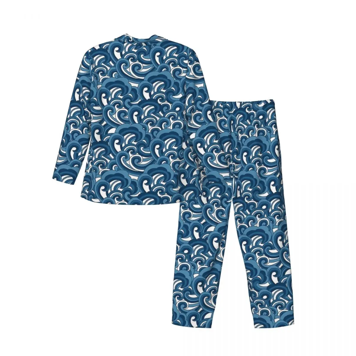 Conjunto de pijama estilizado com estampa de onda azul, roupa de dormir moderna masculina, mangas compridas, sono solto, 2 peças, tamanho grande