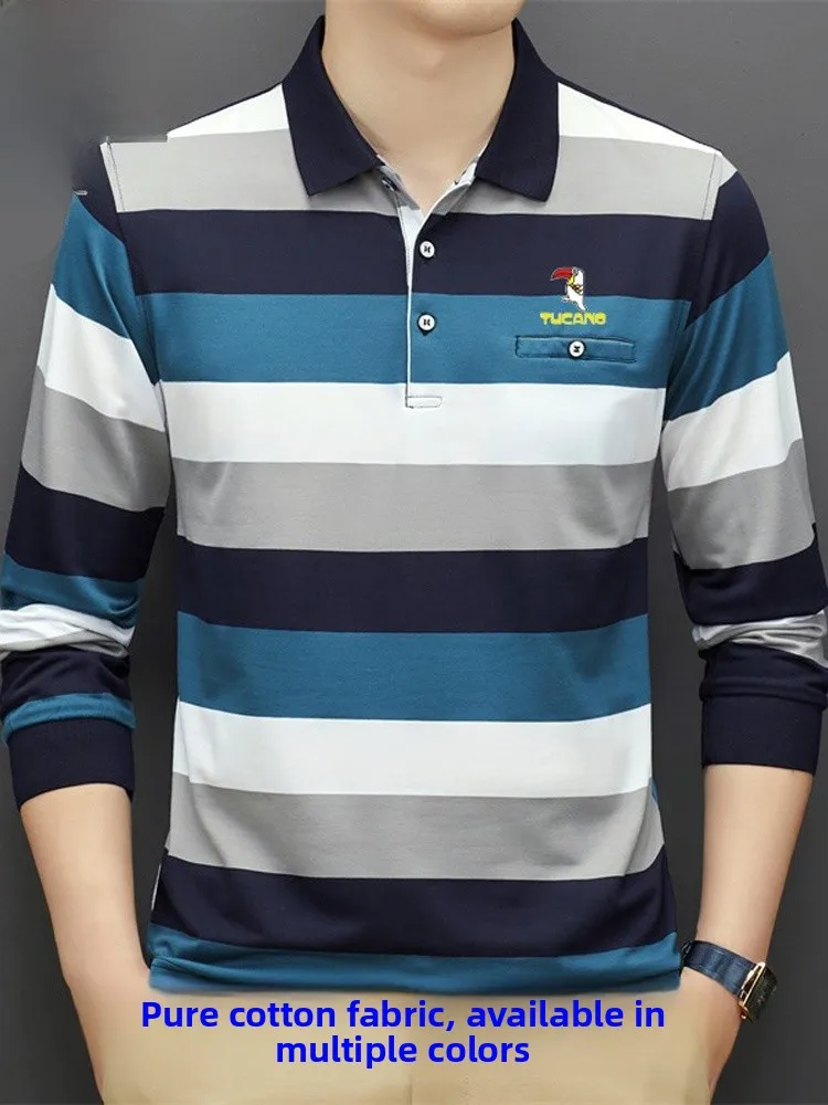 

Футболка TUCANO из чистого хлопка с длинным рукавом в полоску, с воротником M-образной формы, осенняя модная повседневная деловая футболка для мужчин среднего возраста