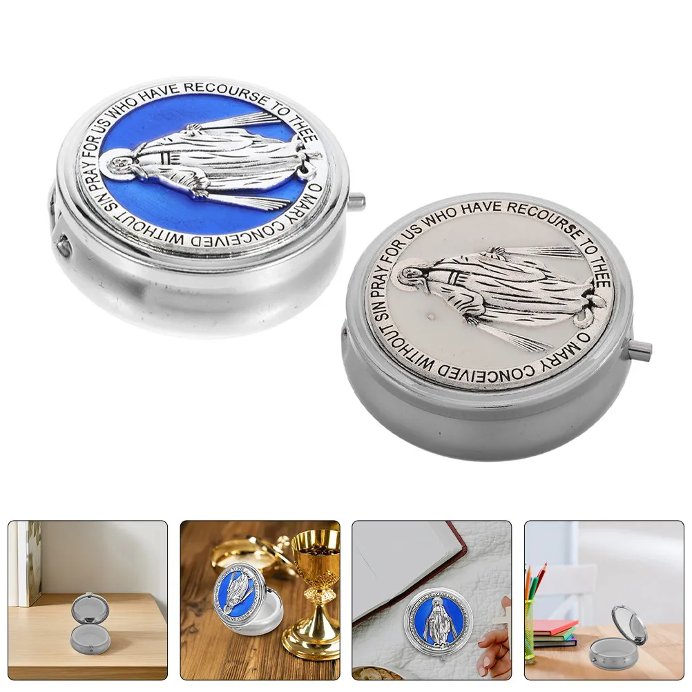 2Pcs Metal Rosary Box Organizer For Prayer Beads Storage Religious Vintage Round Alloy Jewelry Chest First