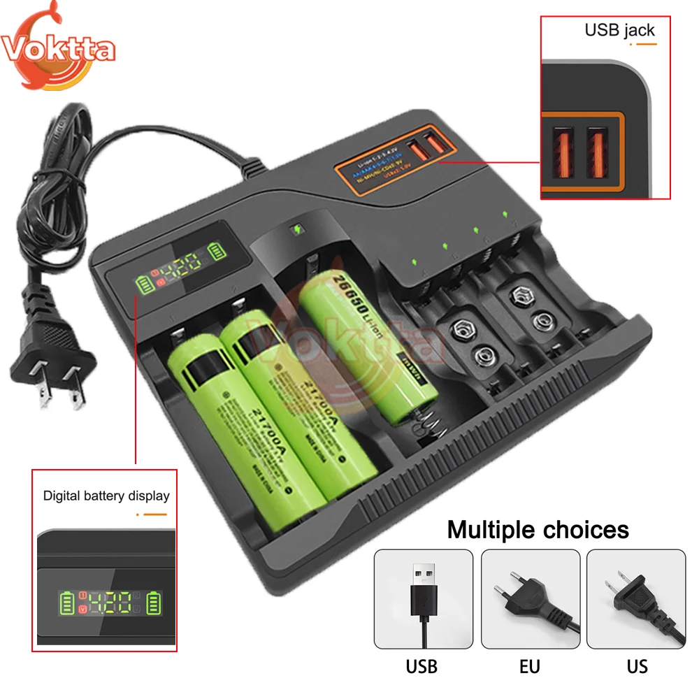 AA AAA 18650 Battery Charger LCD Display 7 Slots Smart Charger for Li-ion Li-Fe Ni-MH Ni-CD 26650 6F22 16340 14500 9V Batteries