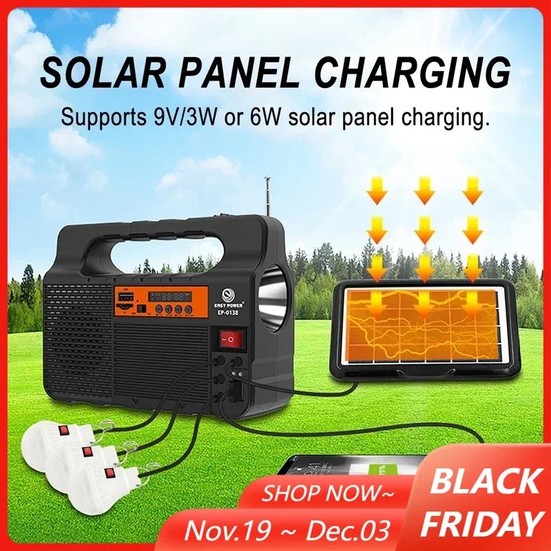 

Solar Outdoor Portable Light Flashlight Lamp Power Supply System with 3pcs LED Bulbs Small System Energy Storage Power Supply