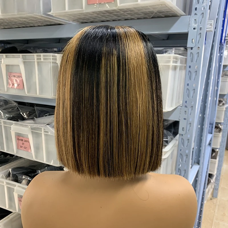 12ASuper Double DrawnP1b/27 # Thin Skunk Stripe P1b/30 # P1b/8 # Perruque Bob en cheveux humains lisses, avec frontal en dentelle 2x6 de 8 pouces, densité 180%