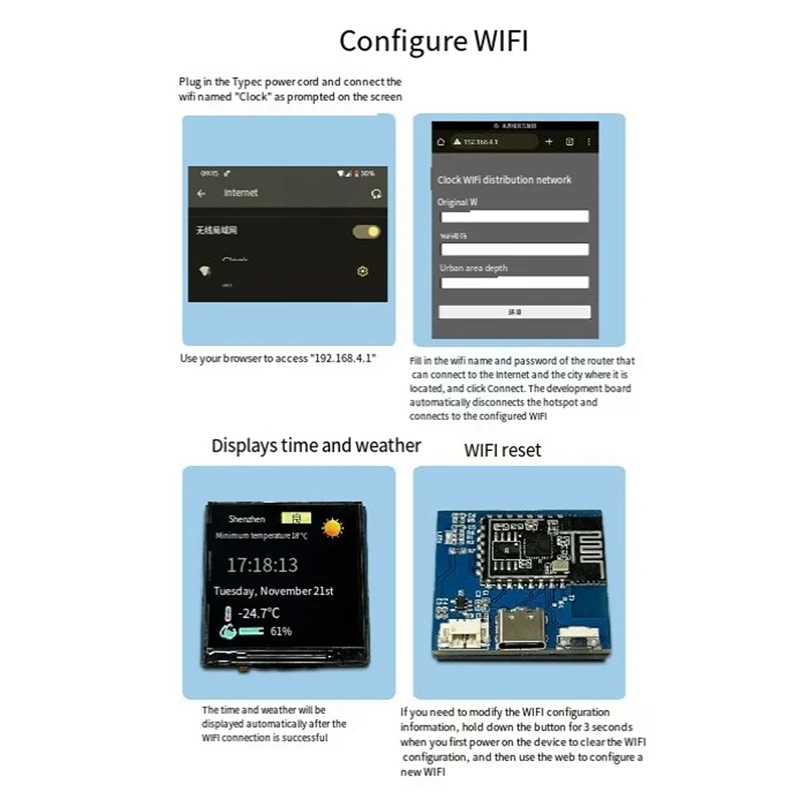 Wifi Weerklok ESP32-C3 1.54 Inch Tft Kleurscherm Temperatuur & Vochtigheid Display Multifunctionele Module