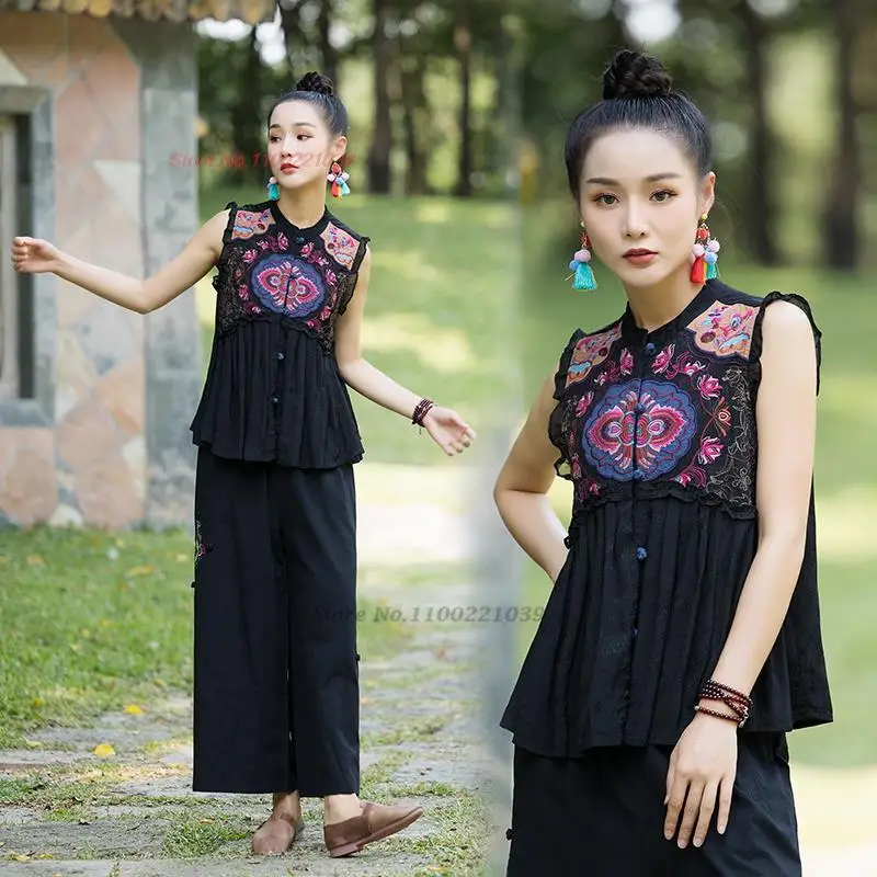 2024 oriental ethnic gilet tops short stand collar sleeveless waistcoat embroidery chinese style traditional women retro vest