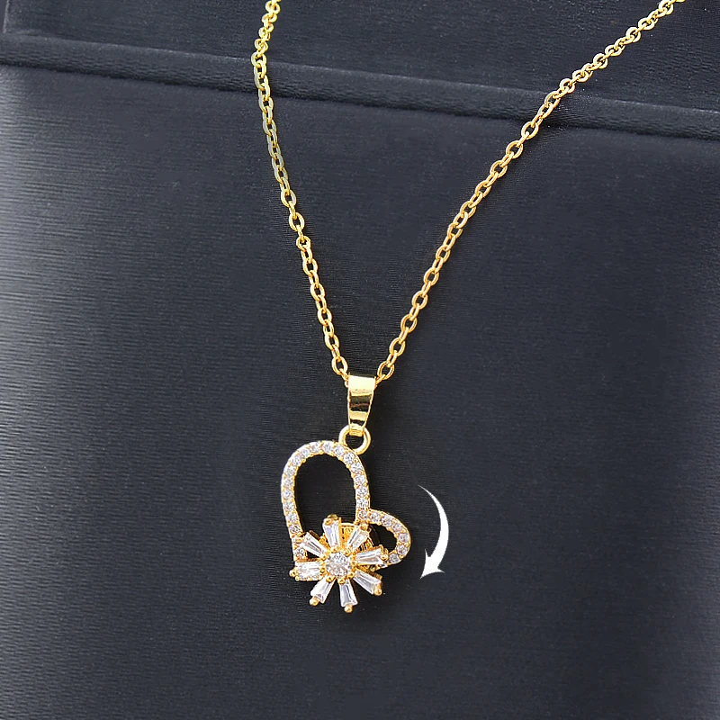 SINLEERY Stainless Steel Spinner Flowers Necklace For Women Cubic Zirconia Wedding Accessories Gold Color Jewelry 