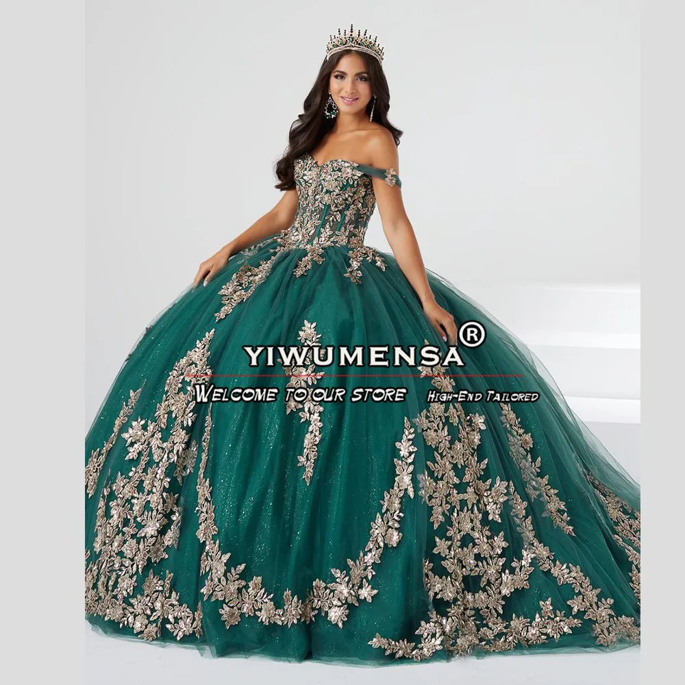 

Green Quinceanera Dresses Sparkly Gold Sequins Appliques Sweet 16 Dress Princess Ball Gown Vestidos De 15 Años Quinceañer Luxury