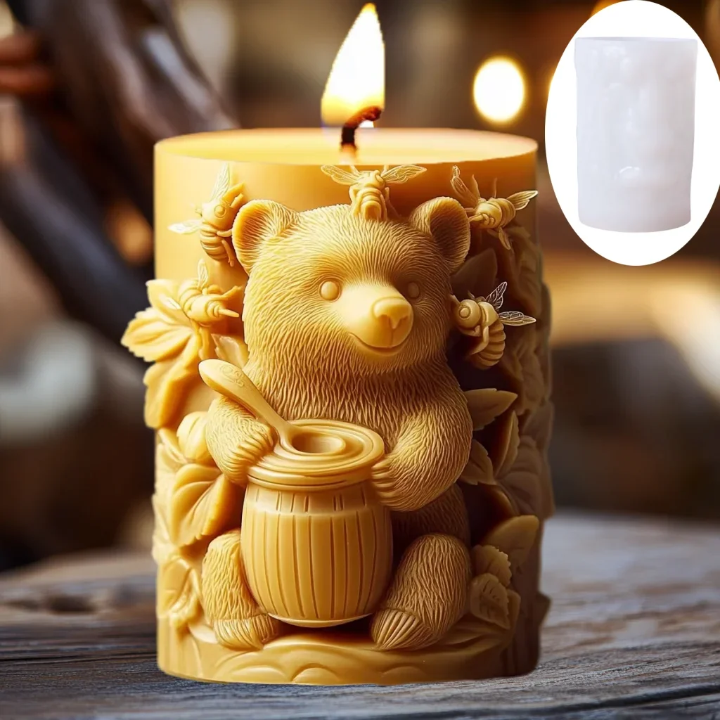 Bear hug jar relief cylindrical candle silicone mold cute squatting Rabbit Squirrel resin mould bee flower cement gypsum molds