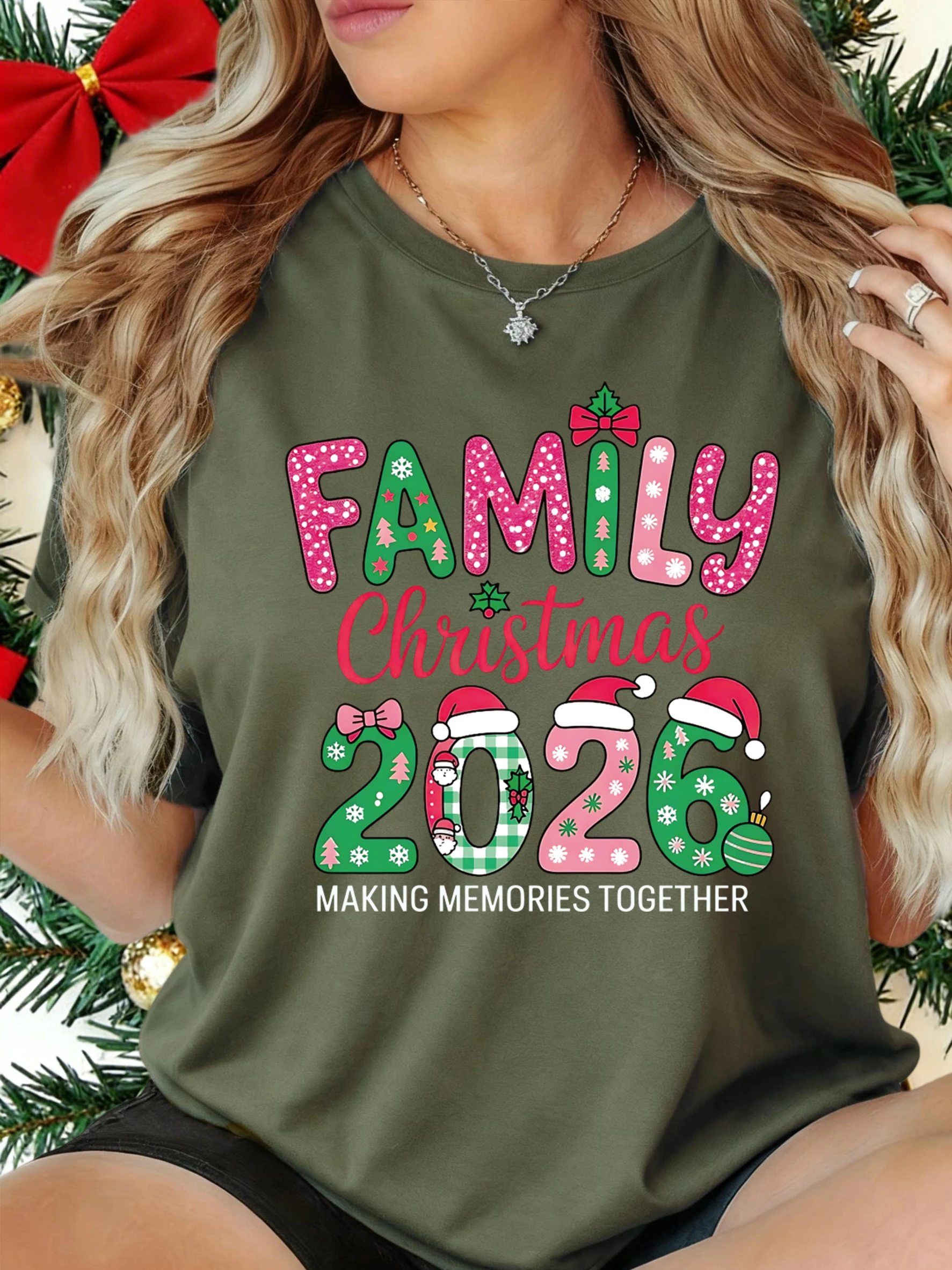 Świąteczna Koszulka Damska z Nadrukiem Wesołych Świąt i Szczęśliwej Rodziny 2026, Letnia Koszulka Y2K, Oddychająca, Wygodna, Miękka Koszulka z Krótkim Rękawem i Okrągłym Dekoltem