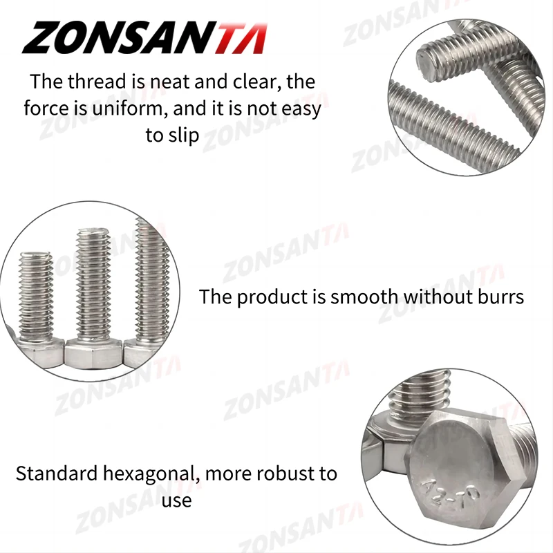 ZONSANTA 304 Stainless Steel Hexagon Head Bolt M3 M4 M5 M6 M8 M10 M12 Full Thread External Hex Hexagon Head Screws DIN933